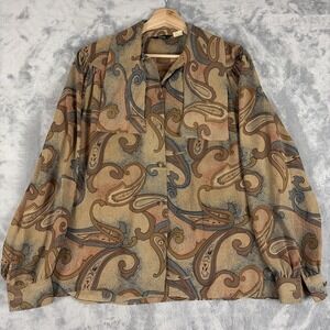 Vintage 80's Dalton Paisley Flowy Blouse Brown Tan Tie Neck Size 14